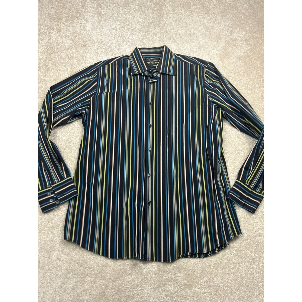 INC Men's Shirt L Black Blue Green Stripe Cotton Long Sleeve Y2K Indie